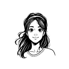Stylized monochromatic portrait illustration depicting a young woman with flowing dark hair and a
