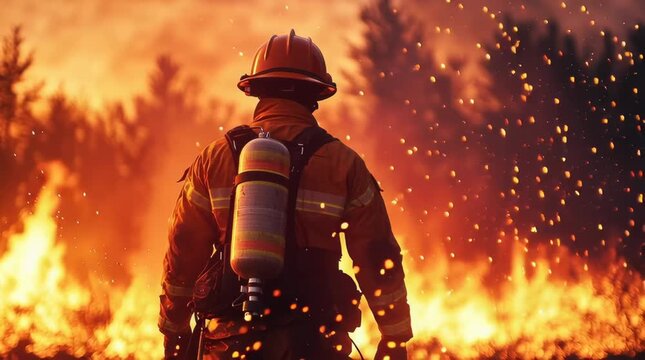 Firefighter wearing protective gear, helmet, oxygen tank, and fire resistant suit faces large wildfire with intense flames, flying embers, showcasing bravery and safety equipment dangerous forest