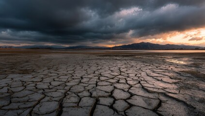 A cracked, barren landscape under a dramatic sky