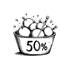 Stylized oranges inside container displaying fifty percent symbol promotes attractive discount
