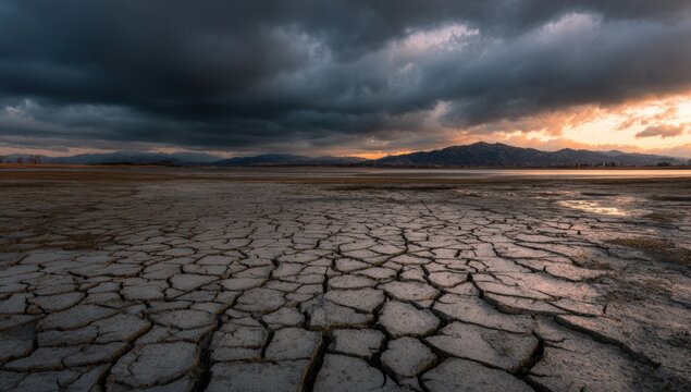 A cracked, barren landscape under a dramatic sky
