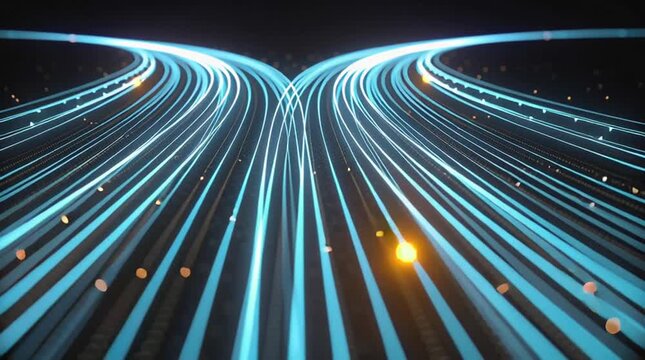 Glowing blue data streams flow dynamically dark background creating futuristic vibrant digital network effect with bright light trails scattered particles and abstract technology patterns merging