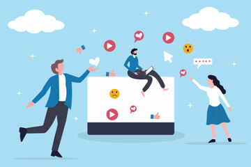 Social media job, business people online team working with social media components, social network career, online strategy team or internet community customer management, businessman, businesswoman.