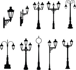 Vintage street lamp silhouettes collection, classic iron lantern design, decorative outdoor lighting vector set for urban, park, or cityscapes