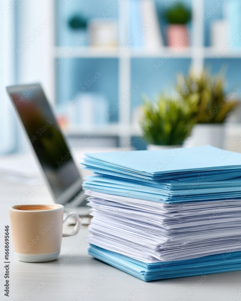 Aufkleber efficient insurance claim processing with stacked documents and laptop modern corporate workflow for