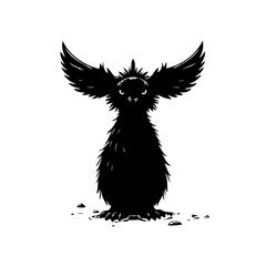 Whimsical dark silhouette of fantastical creature with expansive wings amidst scattered pebbles
