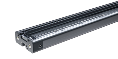 Dark gray linear lighting fixture with adjustable components