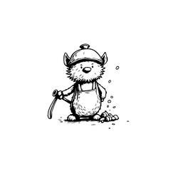 Whimsical illustration of a gardening creature in overalls cultivating with joyful animation under