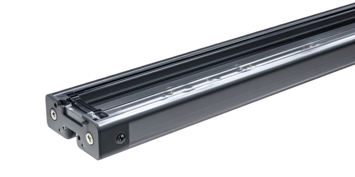 Dark gray linear lighting fixture with adjustable components