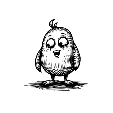 Whimsical hatchwork of a cartoon bird character with a silly expression isolated on white evoking