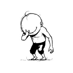 Whimsical portrayal of a bashful boy hiding his face in a cartoon illustration in grayscale style