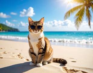 Obraz premium Cat wearing sunglasses on tropical beach