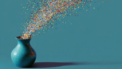 Teal vase erupting with colorful confetti (1)