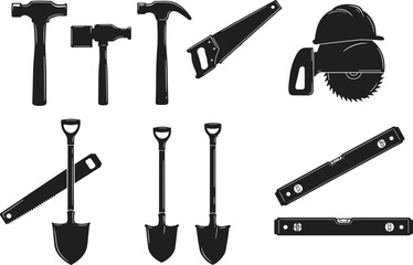 Construction tools silhouettes set, hammer shovel saw vector, circular saw illustration, spirit level design, building equipment icons, DIY carpenter hand tool collection