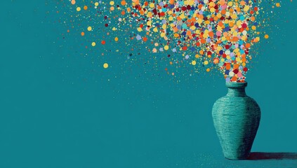 Teal vase with colorful confetti explosion