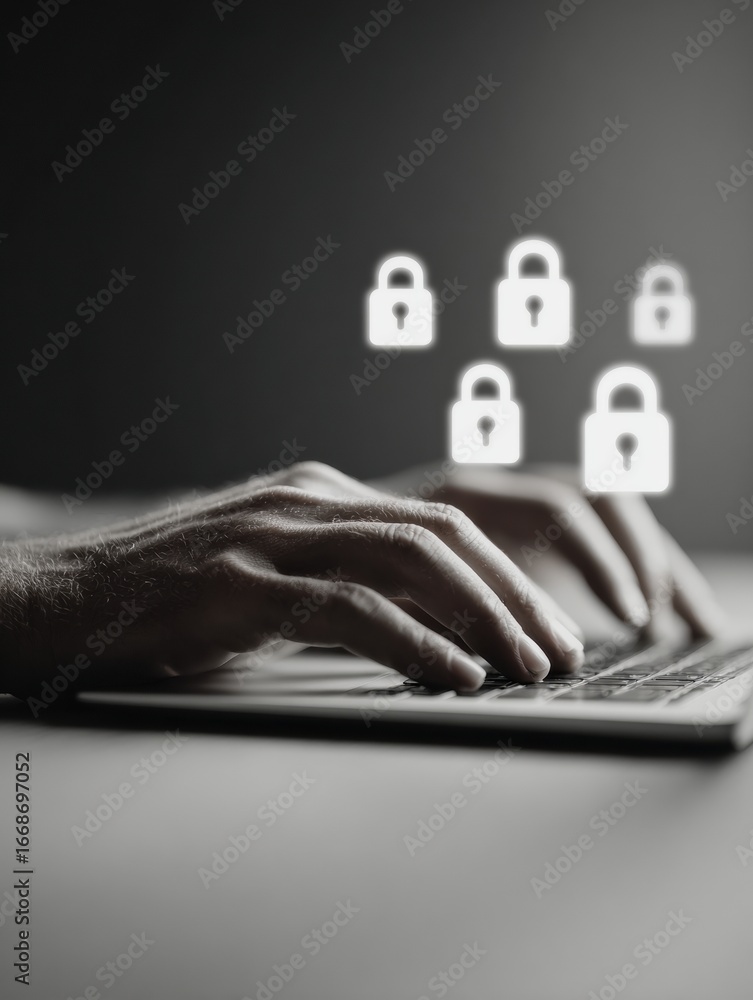 Poster professional modern vulnerability management concept with digital lock icons for secure online activ
