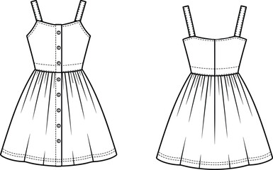 Girls sleeveless sundress flat sketch, front and back view, button-down dress with straps, kids fashion technical vector template