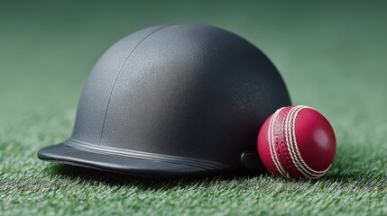 Professional Cricket Helmet and Ball on Trimmed Grass Under Stadium Lights Modern Premium Sports Content for Inspiring Night Match Marketing Campaigns