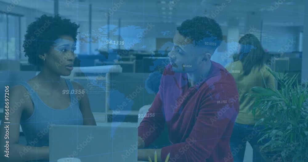 Aufkleber woman typing on laptop initiating floating data map while coworker pointing pencil in business task