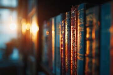 Row of Vintage Books with Ornate Spines and Warm Bokeh Lighting