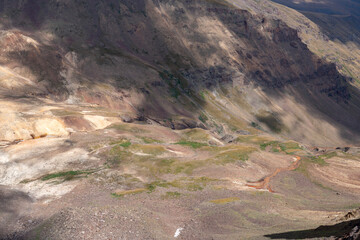 Arid Volcanic Valley with Colorful Layers and Erosion Patterns