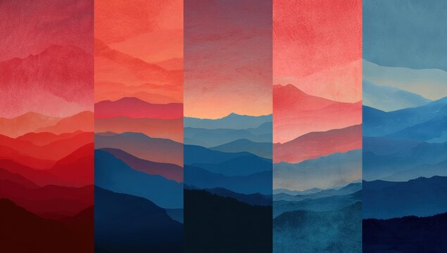 A series of five, vertically stacked, mountain landscapes.  Each depicts layers of mountains in shades of red and blue, evoking a sunrise/sunset