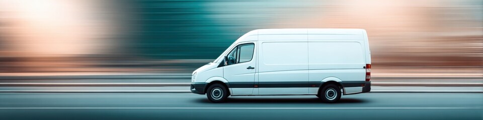 Professional High-Quality White Delivery Van Speeding in Urban Cityscape Modern Fast Shipping Concept for Courier Marketing and Last-Mile Efficiency Campaigns