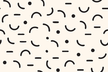 Seamless Monochrome abstract Memphis pattern with curved lines and dots