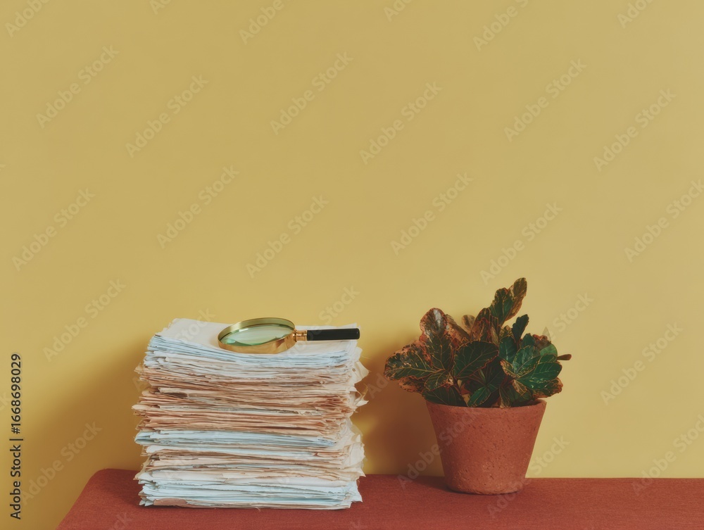 Poster professional modern claim filing stack with magnifying glass on office desk authentic precise docume