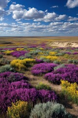 Vibrant wildflower bloom in a vast prairie under a blue sky