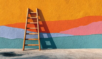 Wooden ladder against a colorful wall