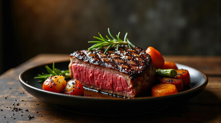Sliced medium rare steak detailed shot with herb garnish reduction sauce and char vegetables