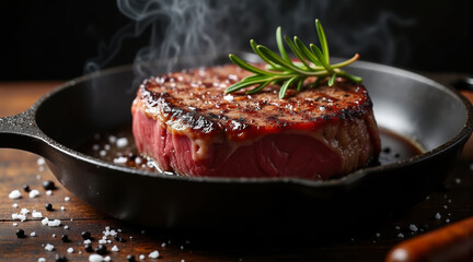 Close up of juicy tomahawk steak with seared crust steam and butcher elements on wood surface