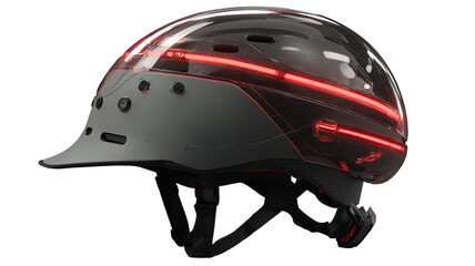 Modern safety helmet with integrated lighting.  Profile view of a light gray and black helmet featuring a transparent visor.  Red LED strip runs along the top.