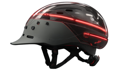 Modern safety helmet with integrated lighting.  Profile view of a light gray and black helmet featuring a transparent visor.  Red LED strip runs along the top.