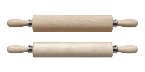 Two light-colored wooden rolling pins, positioned vertically