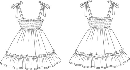 Flat Sketch of Girl’s Dress with Ruffle Hem and Bow Straps, Fashion Template, Kidswear Design, Front and Back View