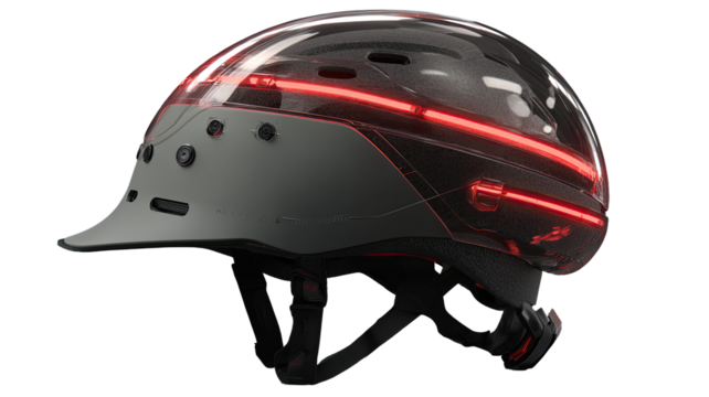 Modern safety helmet with integrated lighting.  Profile view of a light gray and black helmet featuring a transparent visor.  Red LED strip runs along the top.