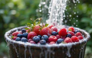 Strawberry, blueberry and rasberries being washed outside