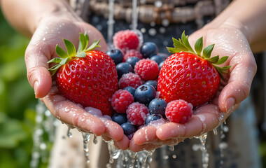Strawberry, blueberry and rasberries being washed outside