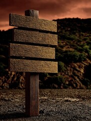 Blank travel signpost in a rocky landscape during sunset