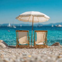 Relaxing beachfront chairs under sunny skies and gentle waves