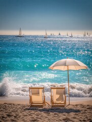 Relaxing beach scene with sailboats in the distance on a sunny day
