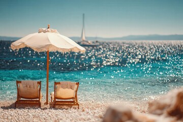 Relaxing beach chairs under an umbrella beside sparkling blue water