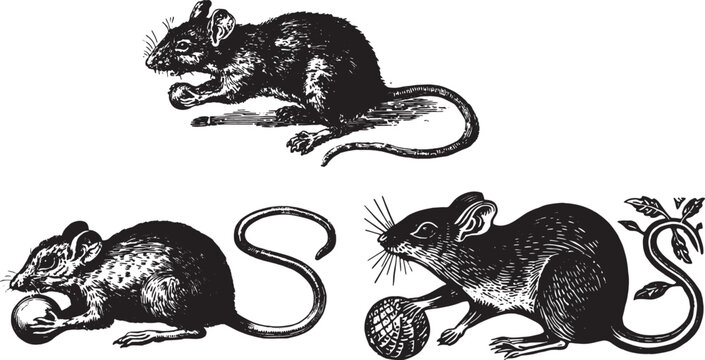 Black and white woodcut of a hazel mouse with a long tail, holding a ball in its paws, full body, old monochrome print illustration in the style of an English artist circa the 9th white backgr.eps