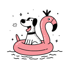 A cheerful dog floats in a pink flamingo pool float surrounded by sparkling water and small dots art
