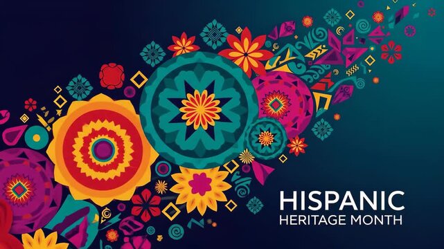 Colorful floral pattern celebrating hispanic heritage month, featuring traditional motifs and vibrant hues on a dark gradient background, perfect for cultural themes