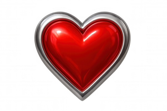 Red glossy heart with silver border, representing love, romance, and valentine's day, isolated on transparent background