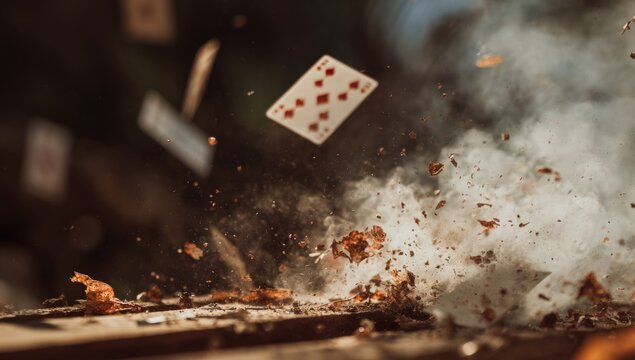 Playing cards exploding in mid-air