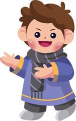A cheerful cartoon boy with a scarf and blue coat smiles while gesturing with open hands.